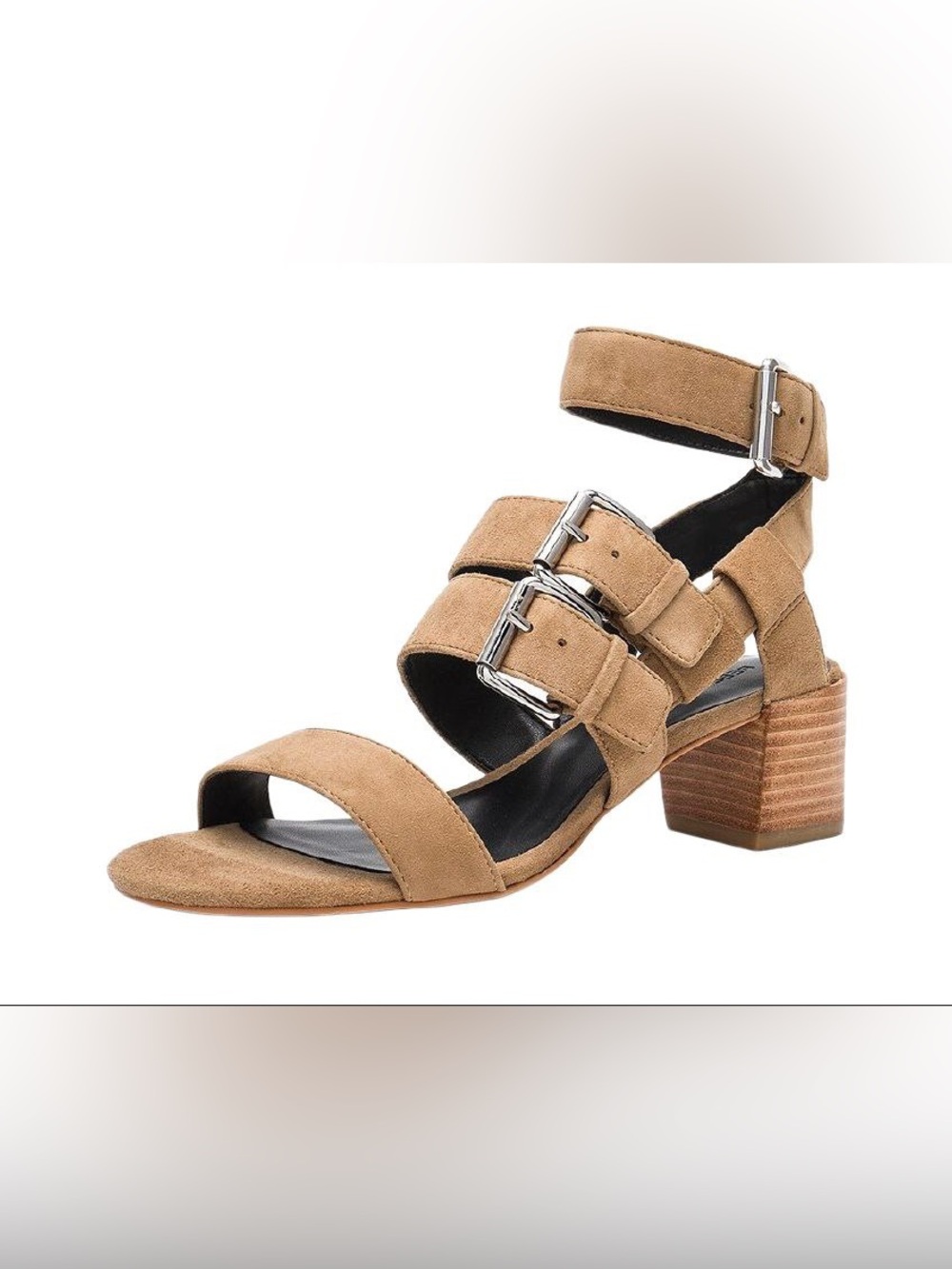 Rebecca Minkoff Tan Suede Double Buckle Block Heel Sandals